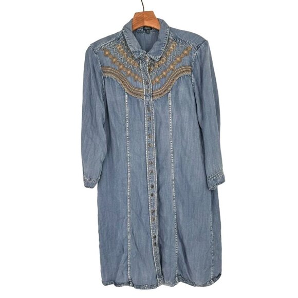 Reba Denim Embroidered Western Shirt Dress size Medium Tencel Snap Button - Picture 2 of 12